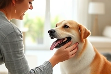 Person and dog bonding, symbol of responsible pet ownership.