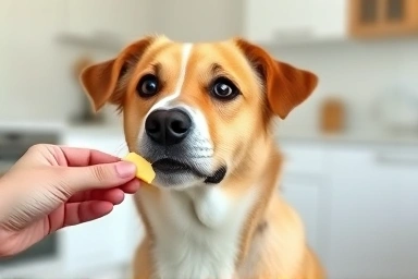 Dog eating safe cheese treat