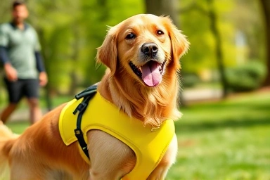 Golden retriever wearing a cooling vest on a sunny walk.