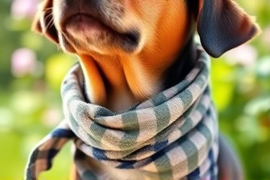 Close-up of a dog wearing a cooling scarf in summer.