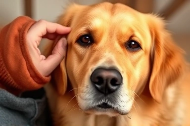 Senior dog looking lovingly at owner, emotional bond