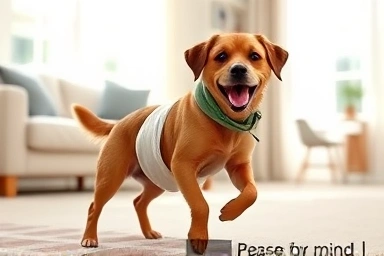 Happy dog wearing a comfortable dog diaper