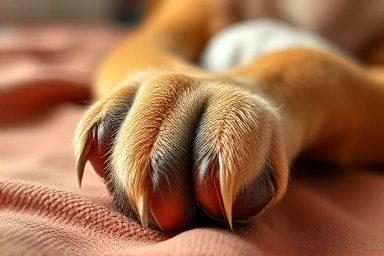 Close-up on dog's paw and soft fabric