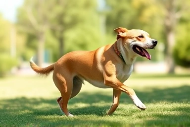 Healthy, happy dog playing in a park.