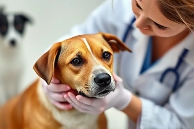 Veterinarian examining a dog with care.