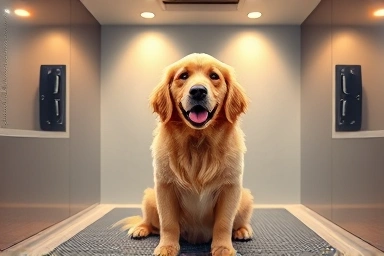 Happy dog relaxing in a modern pet drying room.