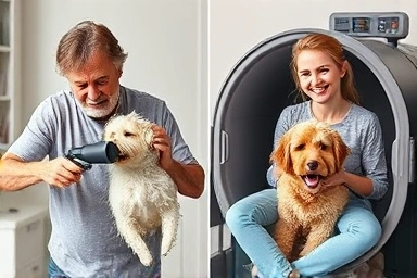Contrast: Dog drying struggle vs. peaceful pet dryer use.