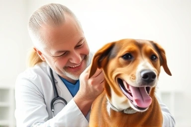 Veterinarian gently examining a dog's ear with care.