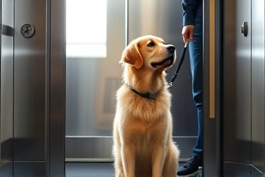 Calm dog and owner in elevator
