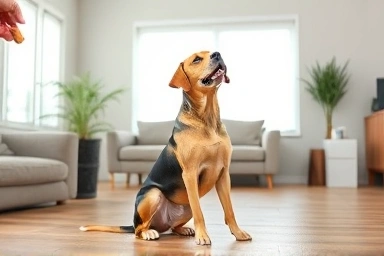 Calm dog patiently waiting for treat from owner, symbolizing trust.