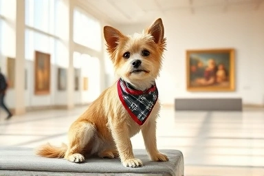 Dog in museum lobby, calm pet, cultural outing