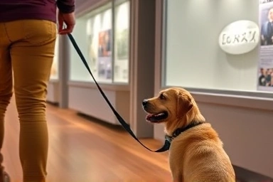 Owner and dog viewing exhibit, museum visit together