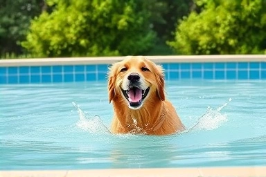 Happy dog swimming in safe, shallow pool