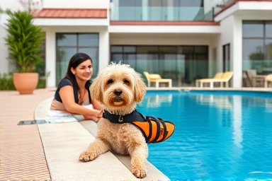 Family and dog relaxing by private heated dog pool