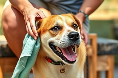 Owner cooling dog during heatstroke emergency.