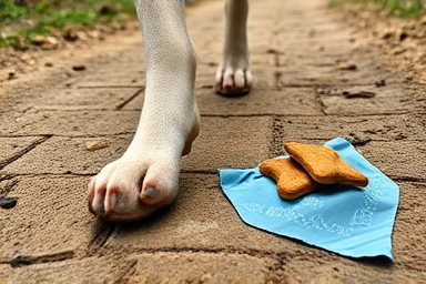 Dog hiking essentials: paws, water bowl, treats, bandana.