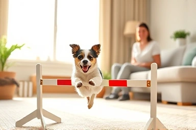 Dog jumping over agility hurdle at home