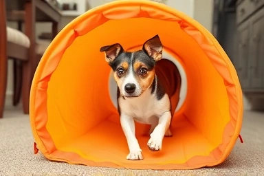 Dog going through agility tunnel at home