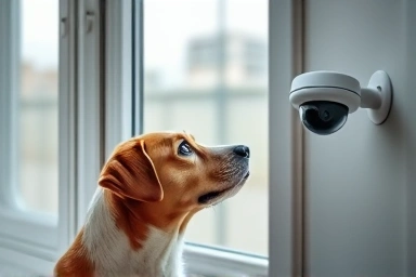 Dog looking out window with home camera