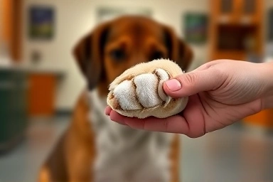 Dog paw touching human hand, trust and care