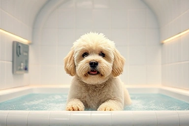 Dog receiving hydro-bath spa treatment for skin and coat health.