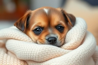 Shivering puppy being comforted in a warm blanket.