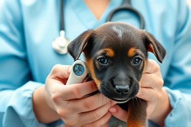 Veterinarian providing urgent care for a sick puppy.