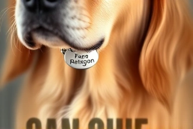 Golden retriever with engraved ID tag, symbolizing safety