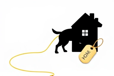 Symbolic lifeline connecting lost dog to home via ID tag