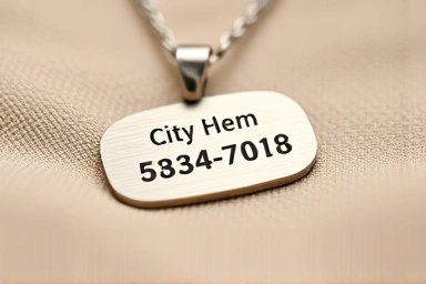 Engraved stainless steel dog ID tag on fabric