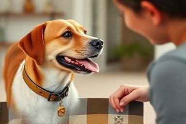 Happy dog wearing ID tag collar with owner