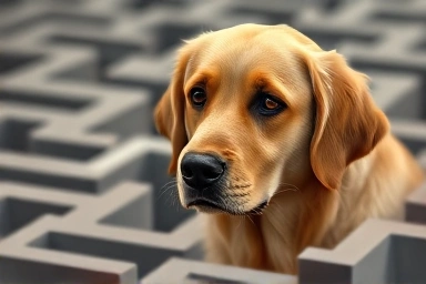 Intelligent dog contemplating a maze, symbolizing hidden potential.
