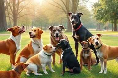 Diverse dogs interacting, demonstrating varied intelligence and social skills.