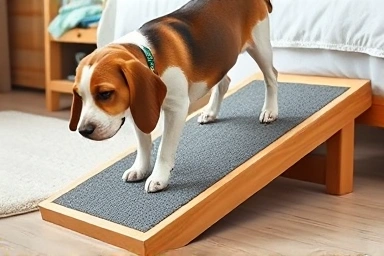 Senior dog using a pet ramp for safe access to bed.