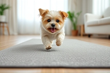Dog happily walking on a non-slip joint protection mat.