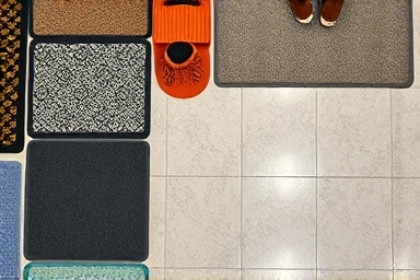 Variety of dog joint protection mats displayed on floor.