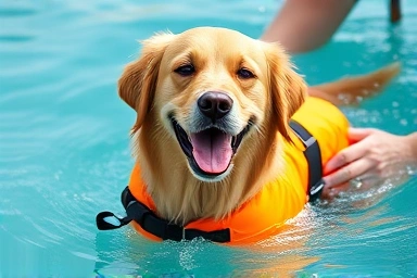 Happy dog wearing life jacket, safe water play