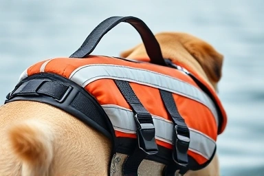 Dog life jacket details: handle, straps, reflective elements