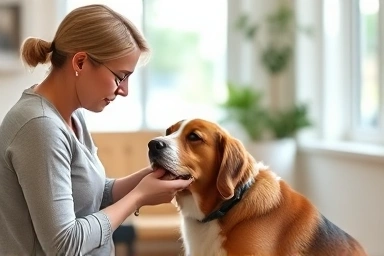 Dog trainer teaching a dog positive reinforcement