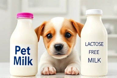 Puppy choosing between pet milk and lactose-free milk.