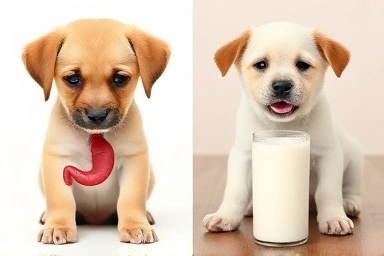 Healthy puppy vs. uncomfortable puppy due to milk.
