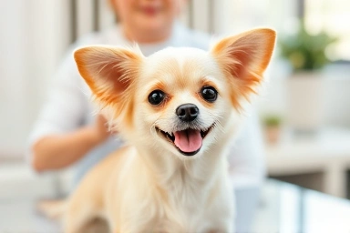 Happy dog receiving mobile grooming service at home.