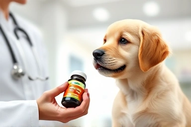 Happy puppy with veterinarian and dog supplement
