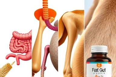 Dog health collage: gut, joint, skin, eye, supplement