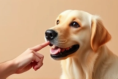 Happy dog training nose touch with owner