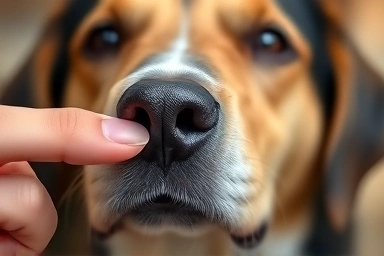 Close-up of dog nose touching human finger