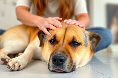 Worried owner with distressed, panting dog at home.