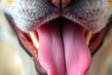 Close-up of dog's gums and tongue, indicating potential health issue.