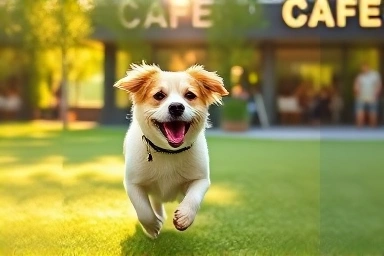 Happy dog running freely in a sunny dog park cafe.