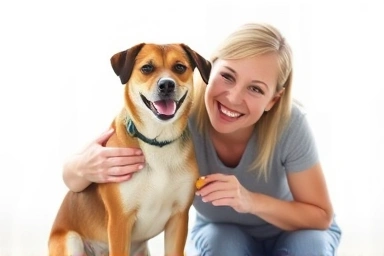 Happy dog and owner engaged in positive reinforcement training.